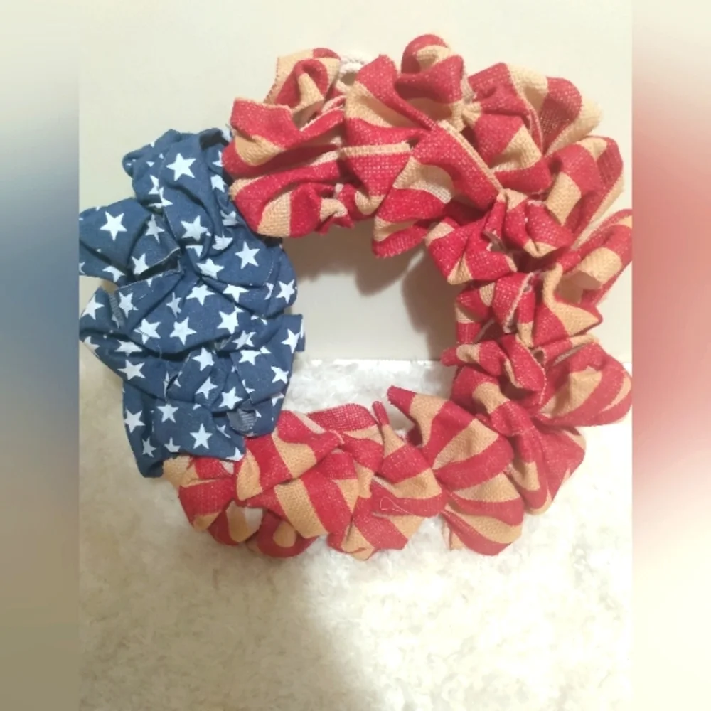 New hand crafted American flag burlap material wreath